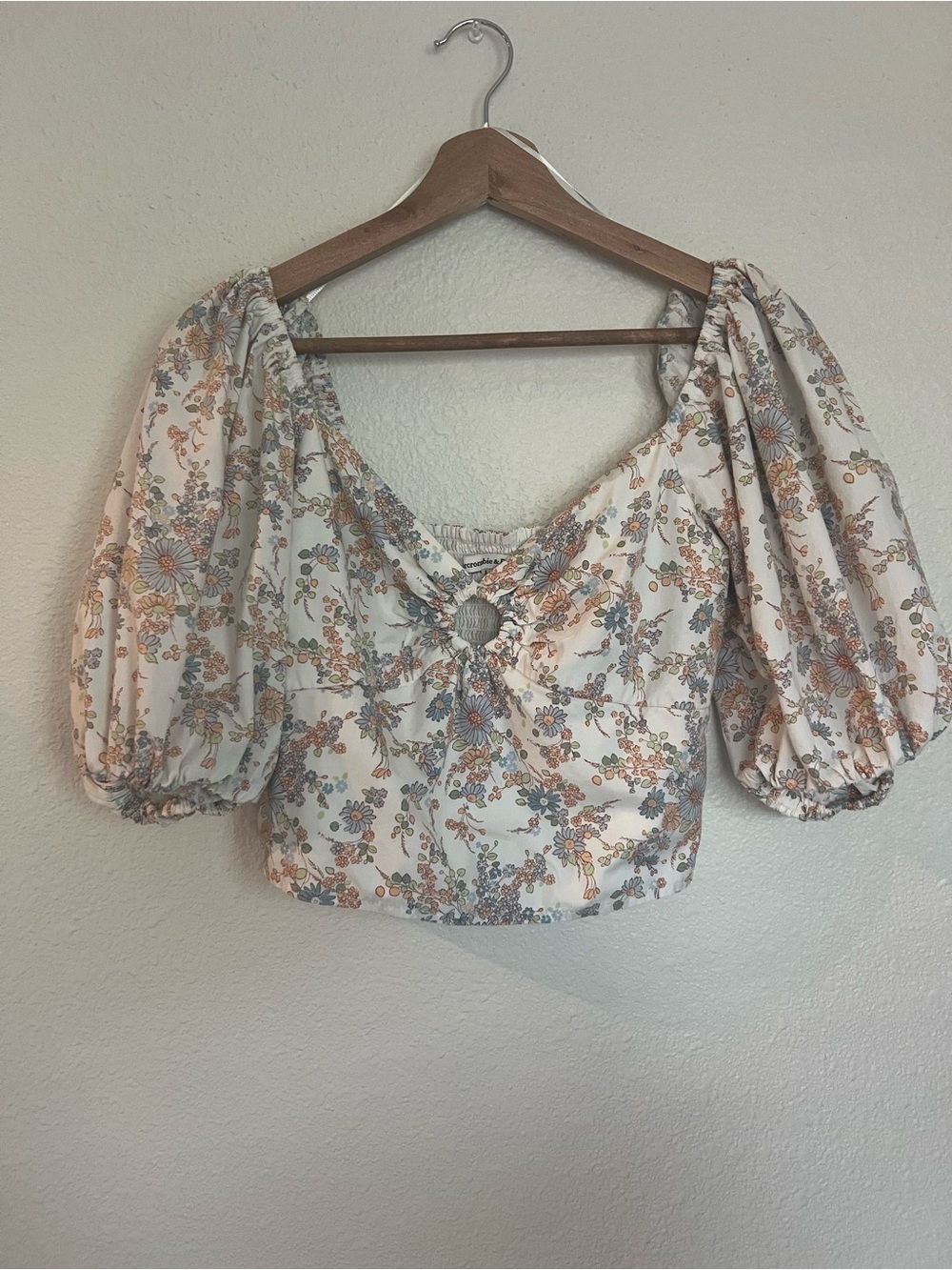 Abercrombie & Fitch Cream Floral Puff-Sleeve Crop Top with Blue & Tan Accents